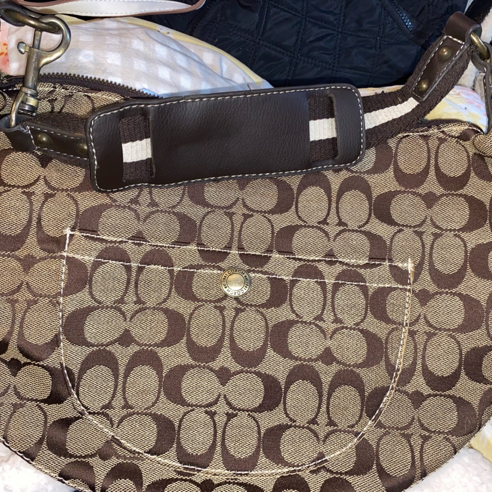 Coach Brown Signature Canvas Shoulder Bag with Dark Brown Trim